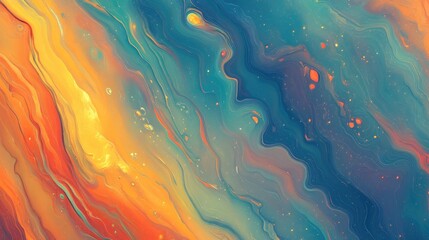 Poster - Abstract fluid art with vibrant orange, teal, and gold swirls, speckled with tiny dots