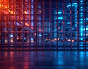 Poster - abstract tech 3d illustration of a glass block wall at the top of the image under city lights, ample copy space at the bottom for photos.