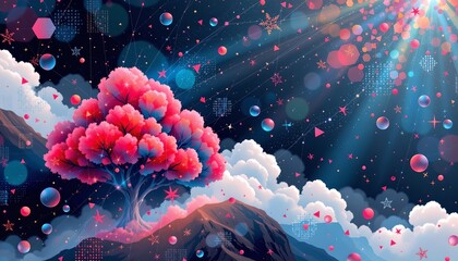 Poster - vivid coral abstract symmetrical polygon shape net cloud illustration on the left with copy space on the right for image.