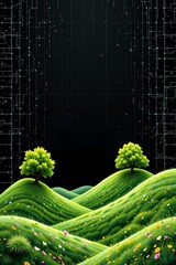 Fototapete - hand drawn 3d illustration of abstract green landscape on a black background with cyberspace grid, subject at the bottom with pure white tones, emphasizing depth of field
