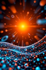 Fototapete - abstract technology stream background with dynamic wave of dots and network connection structure in 3d