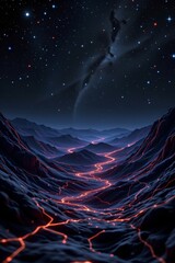 Poster - abstract landscape on dark background with cyberspace grid, hi tech network, and starry outer space texture, 3d illustration of outer space