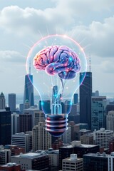 Poster - abstract virtual light bulb illustration with human brain on chicago cityscape background, future technology concept multiexposure