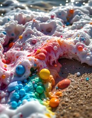 Poster - colorful foam and bubbles from pollution in sea water on beach, subject at top with copy space below, under sparkling light.