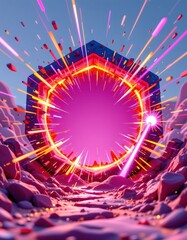 Poster - cheerful 3d rendering of a pentagon shaped time portal with cartoon explosion vibes, slanted with da