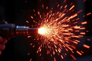 Poster - vibrant sparks of bright red energy burst from a metallic nozzle, lighting up the darkness, subject at the bottom with clear copy space at the top.