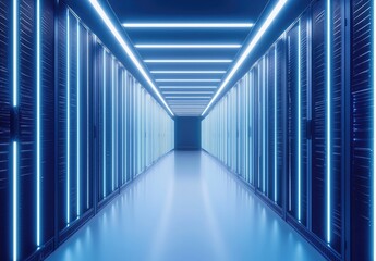 Leinwandbilder - Minimalist data center corridor with sleek blue lighting and modern server panels, ideal for cloud computing, digital infrastructure, cybersecurity environments, and futuristic tech system visuals
