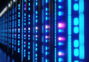 Leinwandbilder - Close-up of glowing blue and pink LED server lights in a digital data center, perfect for use in cybersecurity, cloud storage, AI processing, network systems, or futuristic technology presentations