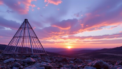 Poster - 3d rendering of metal lines on rugged triangle background, subject on left under lavender sunset, with ample copy space on the right.