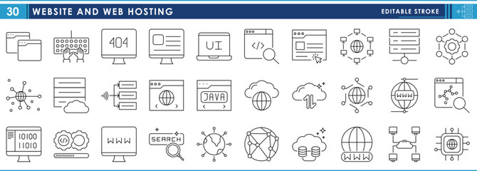 Fototapete - A set of line icons related to Website and Web hosting. Website, webpages, search, digital, error, cloud computing, and so on, Vector editable stroke.
