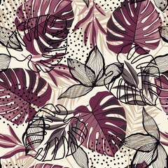 Wall Mural - abstarct pattern with tropical leaves and abstract strokes. ideal for wallpaper, surface textures, t