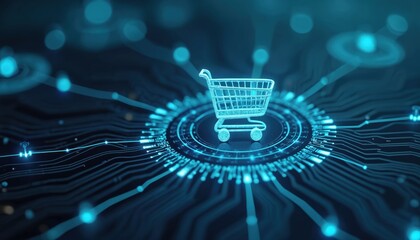 Poster - futuristic ecommerce growth concept. digital network nodes connect around central shopping cart, blu