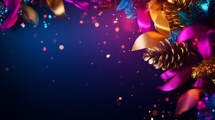 Poster - Festive ribbons and pinecones decorate the composition with a gradient background and sparkling bokeh.