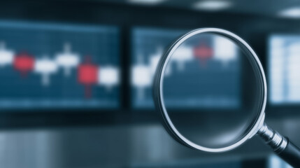 Aufkleber - market analysis with magnifying glass: a magnifying glass focuses on a blurred background of financi