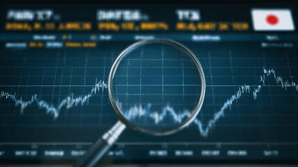 Poster - Analyzing Market Trends: A close-up view of a computer screen displaying intricate stock market graphs, data and analysis being magnified by a classic magnifying glass.