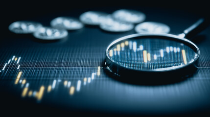Poster - Market Insights: A magnifying glass hovers over a financial chart, illuminating the intricate fluctuations of the market. The image evokes a sense of meticulous analysis and strategic decision-making.