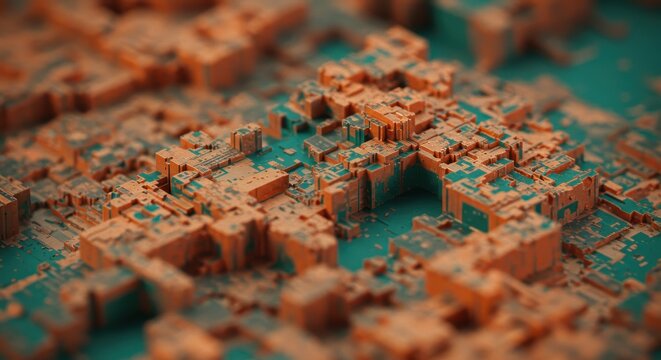 Abstract 3D Render Orange and Teal Geometric Landscape