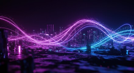 Poster - Neon Cityscape Abstract Waves of Light and Energy