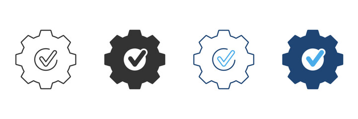 Fototapete - gear with checkmark line and solid icon set. quality assurance, system optimization, and task comple