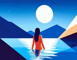 Kobieta kąpiąca się w jeziorze w świetle księżyca. Minimalizm, grafika, sztuka nowoczesna
