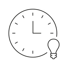 Poster - Clock With Light Bulb Line Icon. Time Management And Creative Thinking Outline Symbol. Innovation And Productivity Concept. Editable Stroke. Isolated Vector Illustration