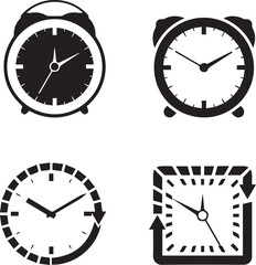 Poster - Time Management Icons: A set of four monochrome clock icons symbolizing time management, punctuality, deadlines, and schedules.  Perfect for business presentations and website design.