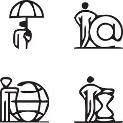 Poster - Global Business Icons: A set of four minimalist line art icons representing global business concepts such as protection, communication, global reach, and time management.