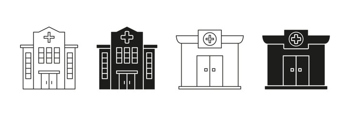 Poster - Hospital Building Line And Solid Icon Set. Healthcare Facility, Medical Center, And Emergency Services Symbol Collection. Medical Infrastructure And Health Services. Isolated Vector Illustration