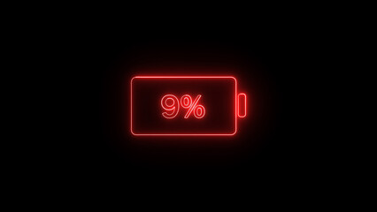 Poster - Neon battery icon showing low power charge at nine percent percentage on a black background suitable for digital technology concepts