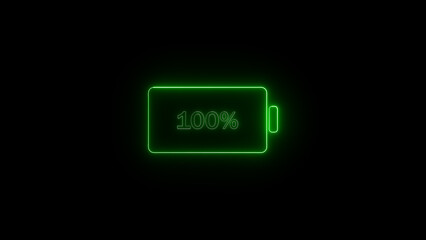 Poster - Glowing neon green battery icon showing a full 100 percent charge on a black backdrop perfect for illustrating energy power and charging concepts.