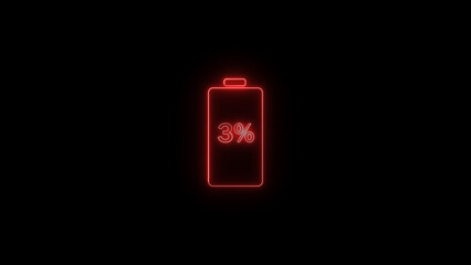 Poster - Neon glowing red battery icon showing low energy percentage symbolized by the number three percent on a dark black background representing power availability