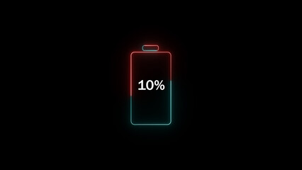 Poster - Neon glow battery charging indicator showing 10 percent power remaining on a dark black backdrop illustrating low energy usage concept.