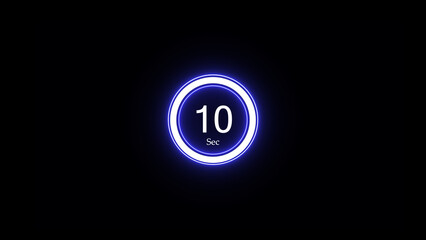 Poster - Illuminated blue digital countdown timer displays ten seconds on a circular neon symbol against a stark black background suitable for digital presentations.