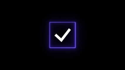 Poster - Neon checkmark icon glowing in a square on black background representing approval or confirmation for graphic design elements