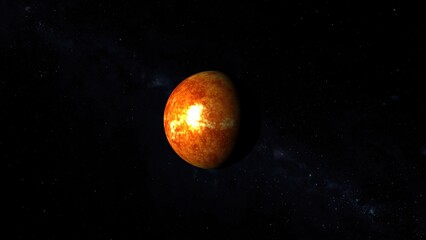 Poster - A vibrant orange and yellow planet orbiting in the dark reaches of space a realistic 3d rendering of a celestial body illuminated by stellar light