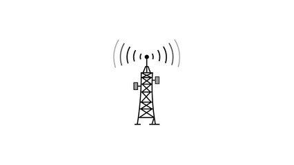 Poster - Minimalist illustration of a telecommunications tower broadcasting signals depicting wireless communication and network connectivity on a clean white background