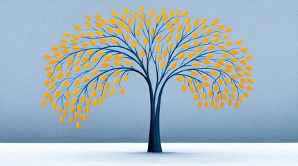 Poster - Abstract Tree with Golden Leaves - Stylized illustration of a tree with golden leaves against a light blue background. Simple, elegant design