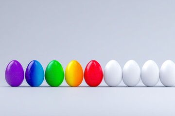 Poster - Rainbow Eggs and White Eggs - Colorful rainbow-colored eggs next to a row of white eggs on a light gray background