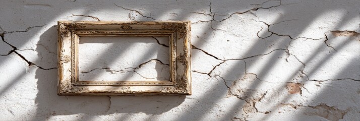 Poster - Rustic Frame on Cracked Wall - An empty antique frame hangs on a textured, cracked wall, bathed in sunlight. The symbolizes nostalgia, memory, potential, time, and artistry