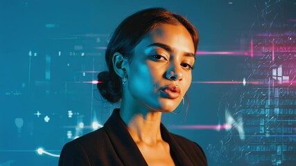 Fototapete - Portrait of a woman with futuristic digital overlay