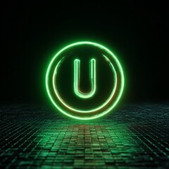 Poster - Glowing Green U: Neon Letter Sign on a Textured Surface Under a Dark Background, Creating an Abstract Effect.