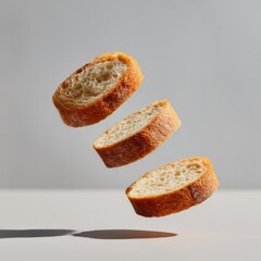 Poster - Levitating Baguette Slices: A Minimalist Food Photography Composition Showcasing Texture and Light Against a Neutral Backdrop.