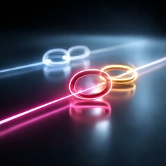 Poster - Neon Rings Illuminated by Colorful Laser Beams on a Glossy Surface - A Modern Abstract Art Piece