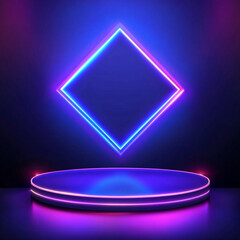Poster - 
A neon-lit stage with a geometric frame glowing in purple and pink against a dark background, creating a vibrant and modern aesthetic.
