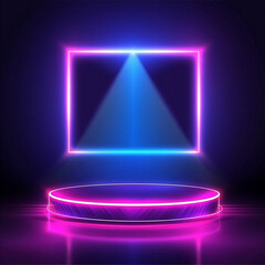 Poster - 
A neon-lit stage with a geometric frame glowing in purple and pink against a dark background, creating a vibrant and modern aesthetic.