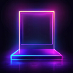 Poster - 
A neon-lit stage with a geometric frame glowing in purple and pink against a dark background, creating a vibrant and modern aesthetic.