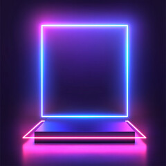 Poster - 
A neon-lit stage with a geometric frame glowing in purple and pink against a dark background, creating a vibrant and modern aesthetic.
