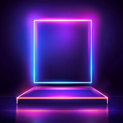 Poster - 
A neon-lit stage with a geometric frame glowing in purple and pink against a dark background, creating a vibrant and modern aesthetic.