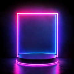 Poster - 
A neon-lit stage with a geometric frame glowing in purple and pink against a dark background, creating a vibrant and modern aesthetic.