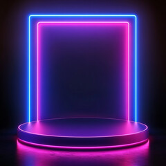 Poster - 
A neon-lit stage with a geometric frame glowing in purple and pink against a dark background, creating a vibrant and modern aesthetic.